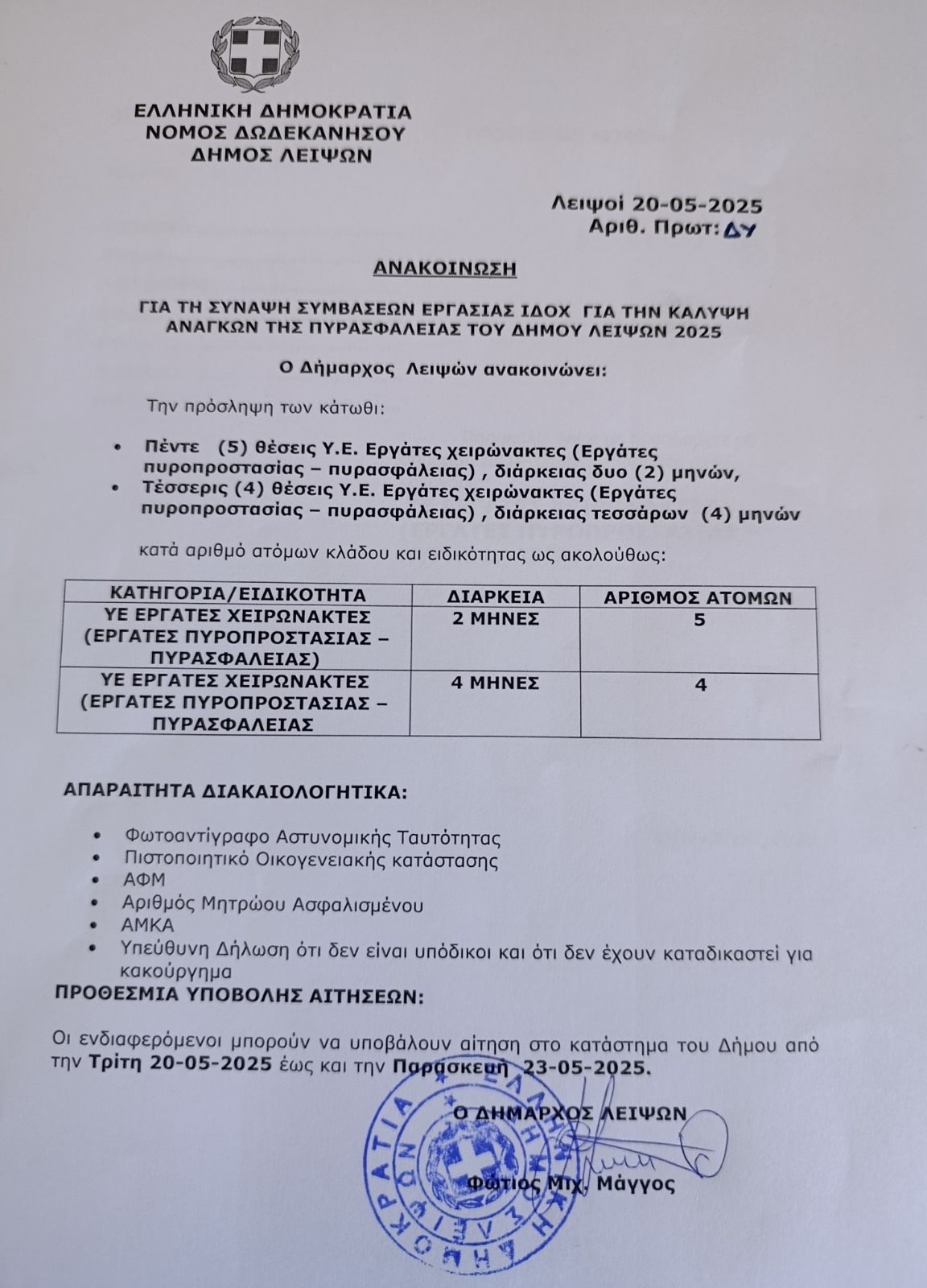 Ανακοίνωση για τη Σύναψη Συμβάσεων Εργασίας ΙΔΟΧ για την κάλυψη αναγκών πυροπροστασίας  του Δήμου Λειψών 2025